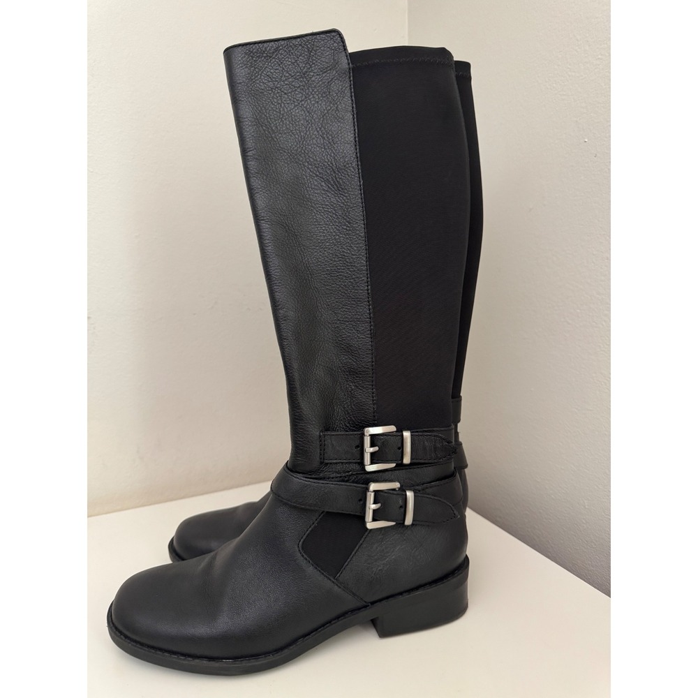 Me Too Denver Black Leather Tall Equestrian Western Buckle Boots Womens 7.5M